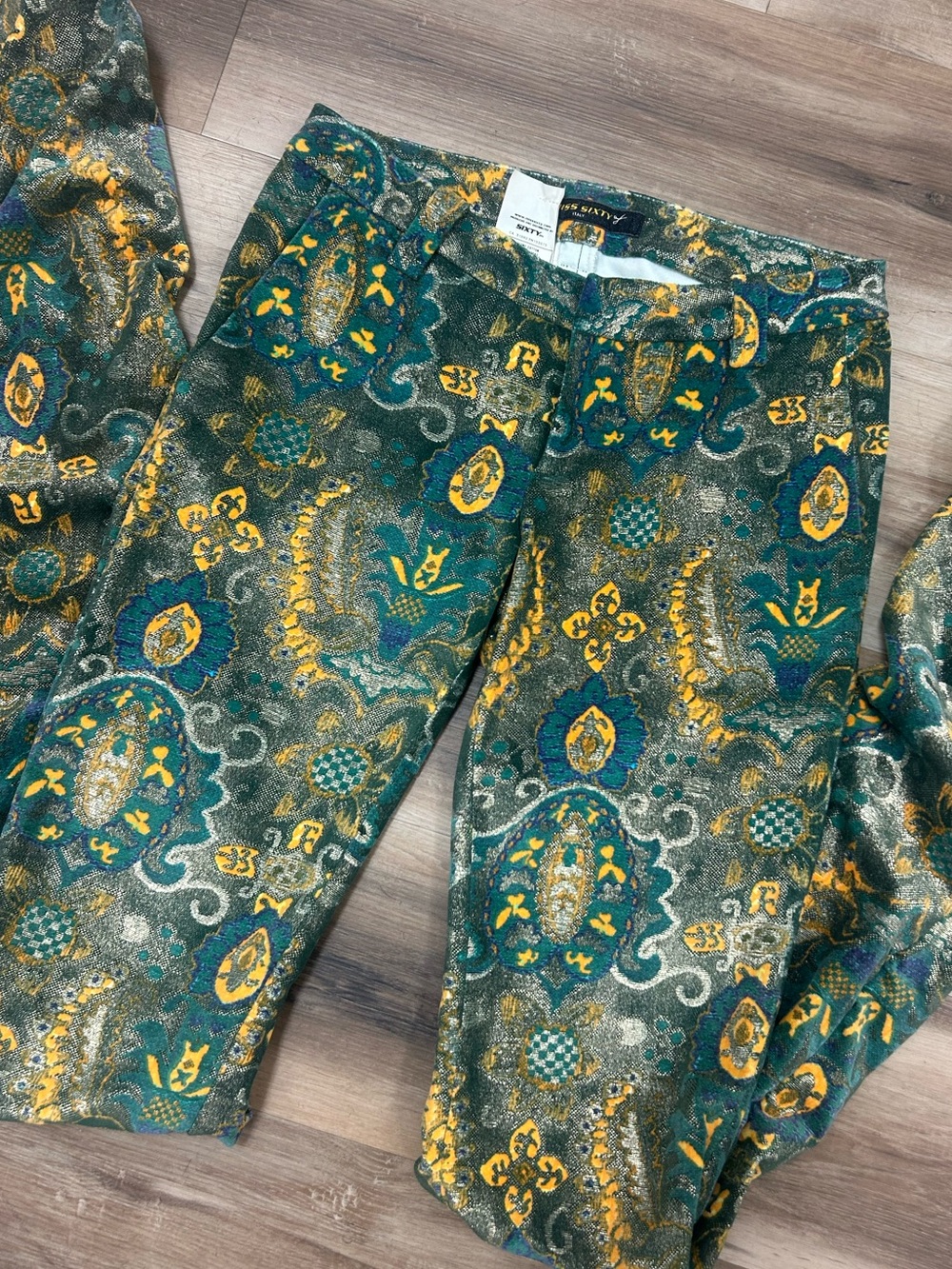 2000s Miss Sixty Low Rise Velour Patterned Flared Pants Y2K